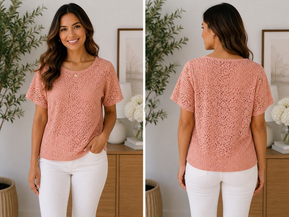 Pierre Cardin Pink Floral Crochet Lace Short Sleeve Top Large